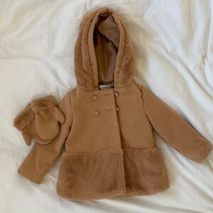 Tahari Tan Faux Fur Trim Coat